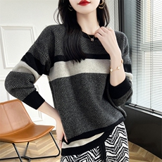 女士秋冬保暖羊毛衫羊毛圆领条纹，女装羊毛衫，蒙莲贝斯