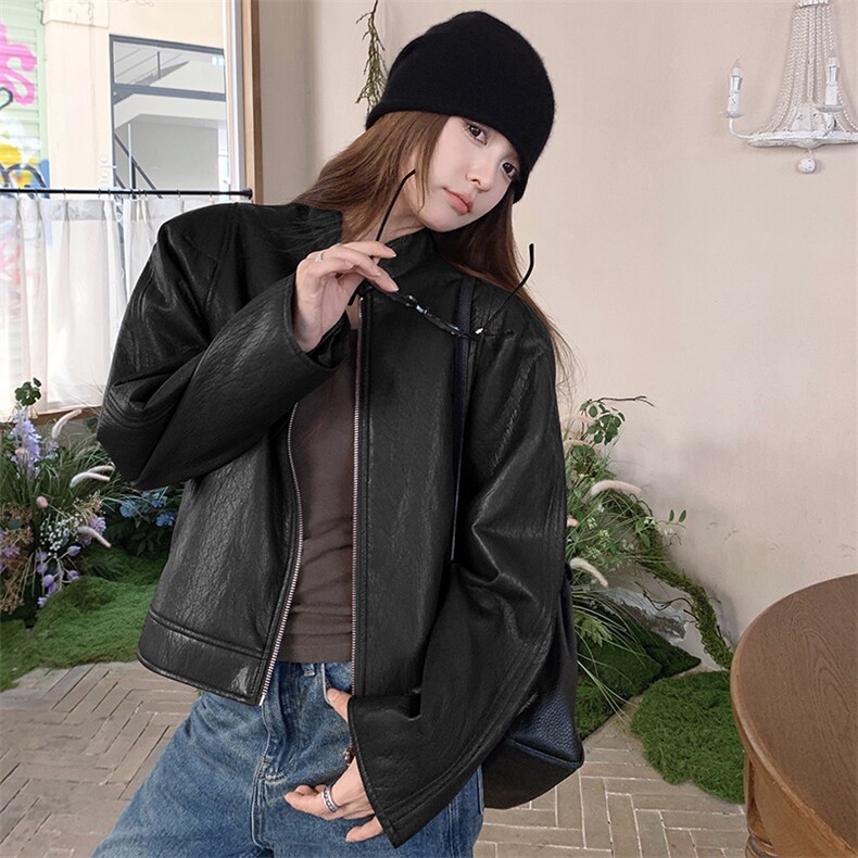 新款现货，网红安可拉红，黑色短款皮衣081-P165-K238,女装皮衣,浙宝276（原081）