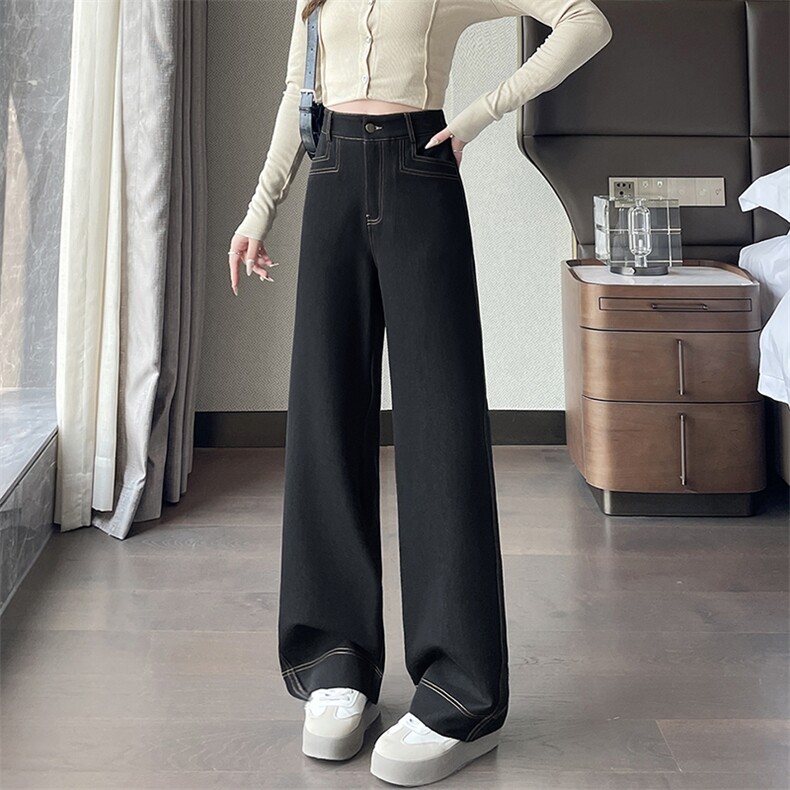丹宁深蓝色宽松阔腿牛仔裤女新款垂感慵懒休闲直筒拖地长裤,女装休闲裤,云美莎专业女裤-全店现货
