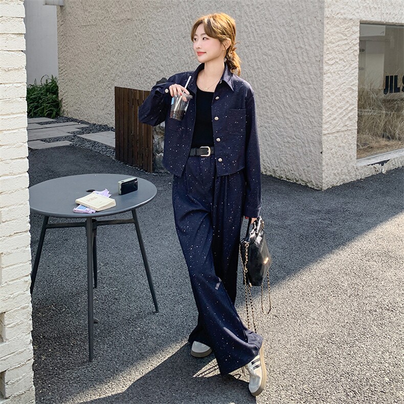 新款撒银衬衫领上衣+ 阔腿裤两件套腰带2C050-1225-P175K258图片