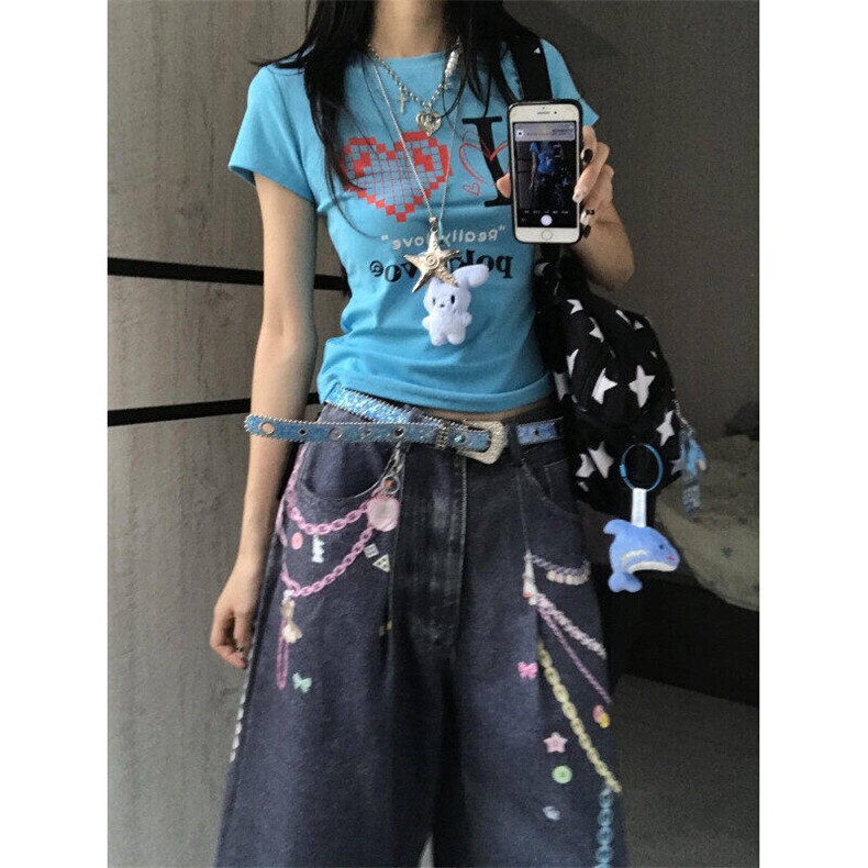 LN12411-P55美式复古链条印花牛仔七分裤女夏街头宽松阔腿短裤,男装牛仔裤,星座1008
