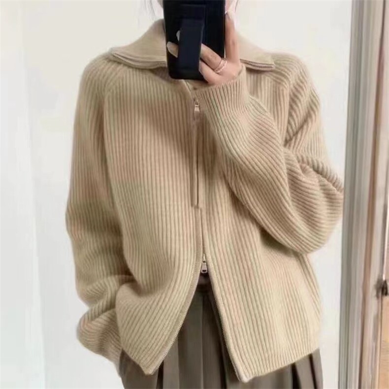 欧洲站双拉链羊毛针织开衫女宽松元宝针翻领加厚毛衣外套韩版上衣，女装羊毛衫，胜酷羊绒