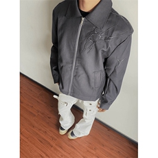网图自制闪电纹刺绣夹克翻领外套男高街棒球服长袖夹克A768-P60，男装夹克，星座1505
