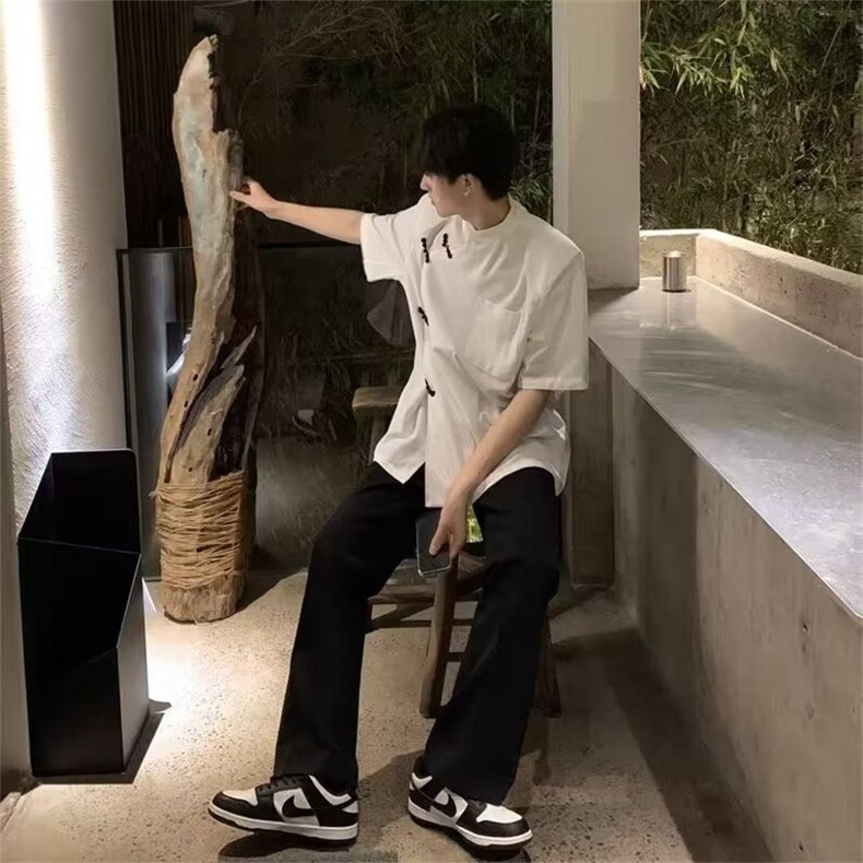 短袖百搭衬衫原宿时尚潮流潮男ins标准夏季青春流行方领新款慵懒图片