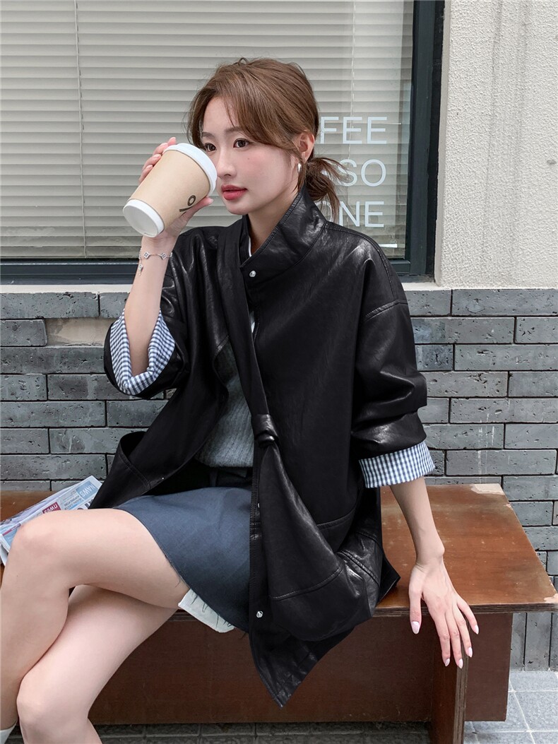 高级感咖色西装皮衣外套女秋季季宽松2025新款PU皮夹克韩版时尚潮,女装皮衣,意芙
