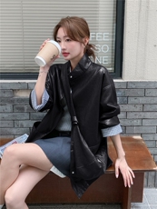 高级感咖色西装皮衣外套女秋季季宽松2025新款PU皮夹克韩版时尚潮，女装皮衣，意芙