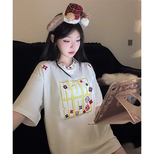 万针全刺绣工艺抖音得物高品质260克重磅纯棉双纱美式高街短袖T恤图片