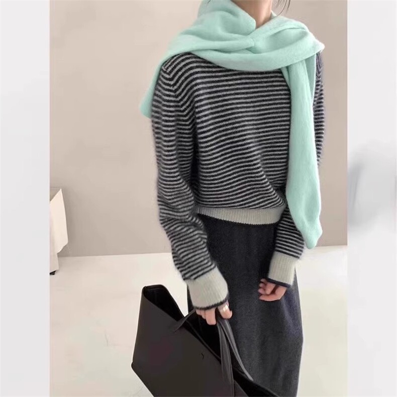 高级感撞色圆领100%羊毛衫女套头宽松显瘦时尚毛衣羊绒针织衫打底,商品下架区,胜智羊绒
