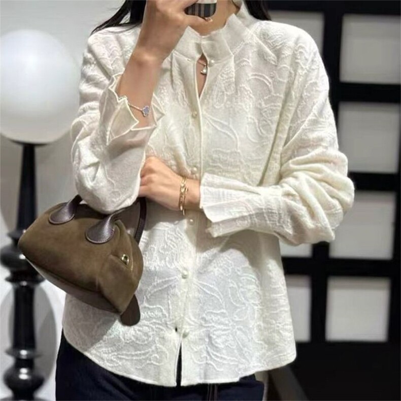 2025年秋季时尚百搭通勤简约休闲花边开衫，女装针织衫/毛衣，唐诺