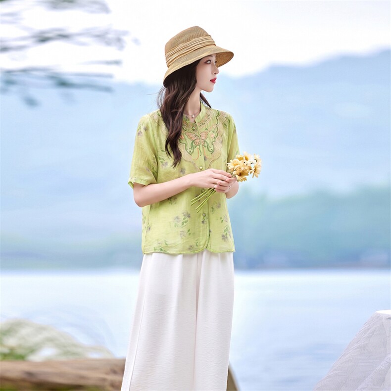 时尚优雅刺绣印花套装女2026夏季新款复古气质宽松阔腿裤两件套,女装套装/套裙,魅影