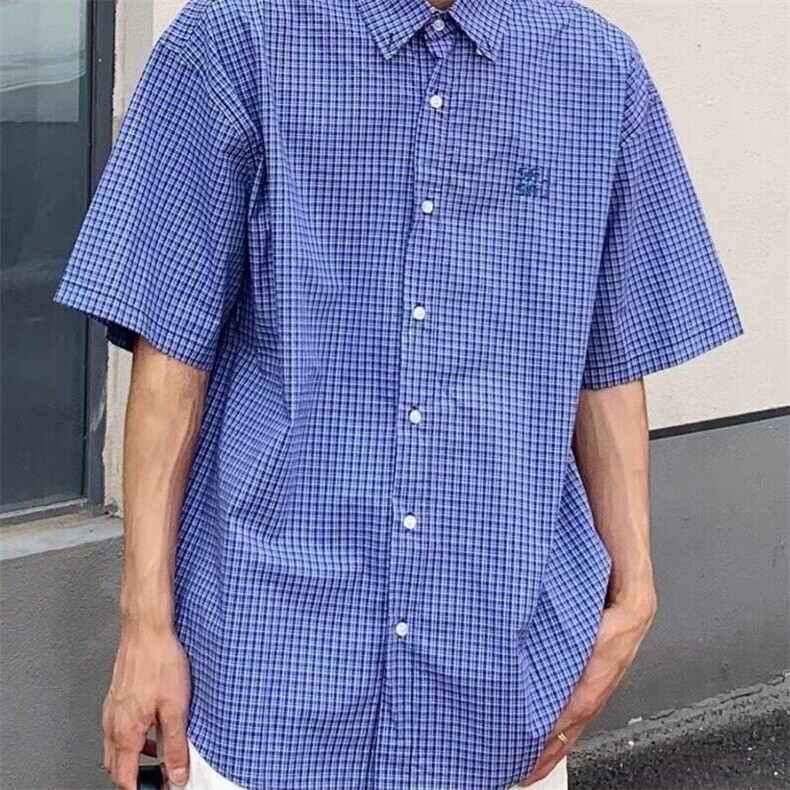 现货蓝色格子衬衫夏季短袖S66-P28,男装衬衫,星座1212