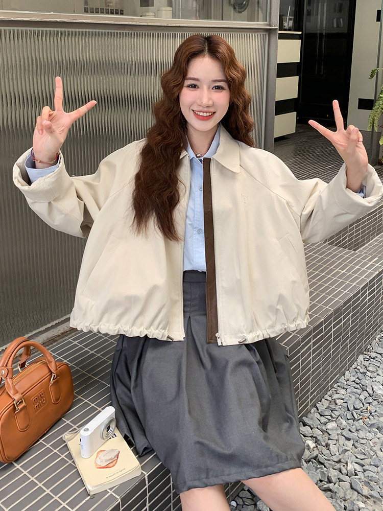 米色韩系休闲翻领外套女2025秋季新款小个子宽松百搭显瘦夹克上衣,女装短外套,浙宝305