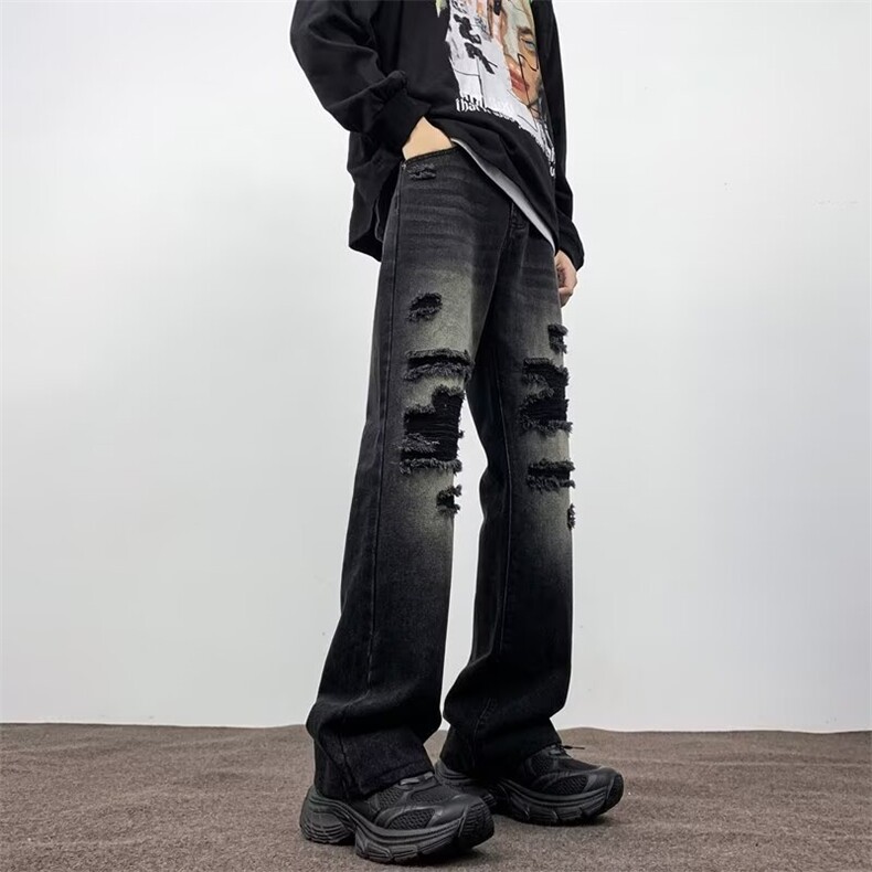 美式高街黄泥破洞牛仔裤男款直筒显瘦微喇乞丐裤子潮,男装牛仔裤,星座410-7