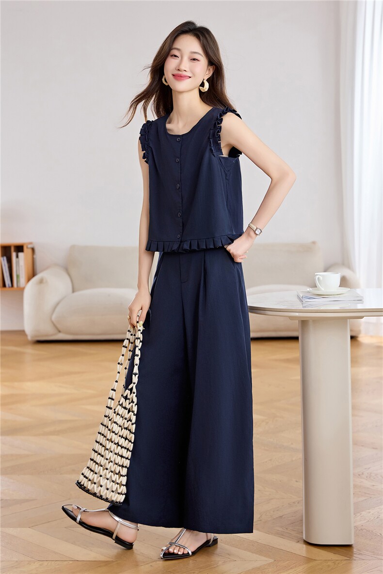 无袖套装女2025夏季新款巨好看的老钱风气质减龄阔腿裤穿搭一整套,女装套装/套裙,贵人树