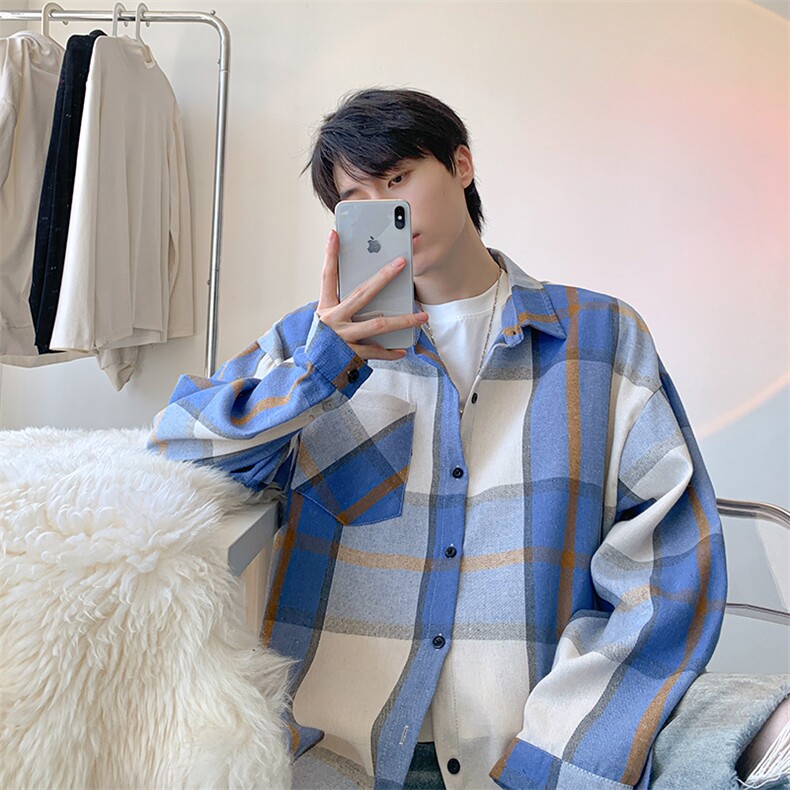 衬衫男春季新款港风宽松大码磨毛格子长袖衬衣CS6636-特P29，男装衬衫，星座214-3