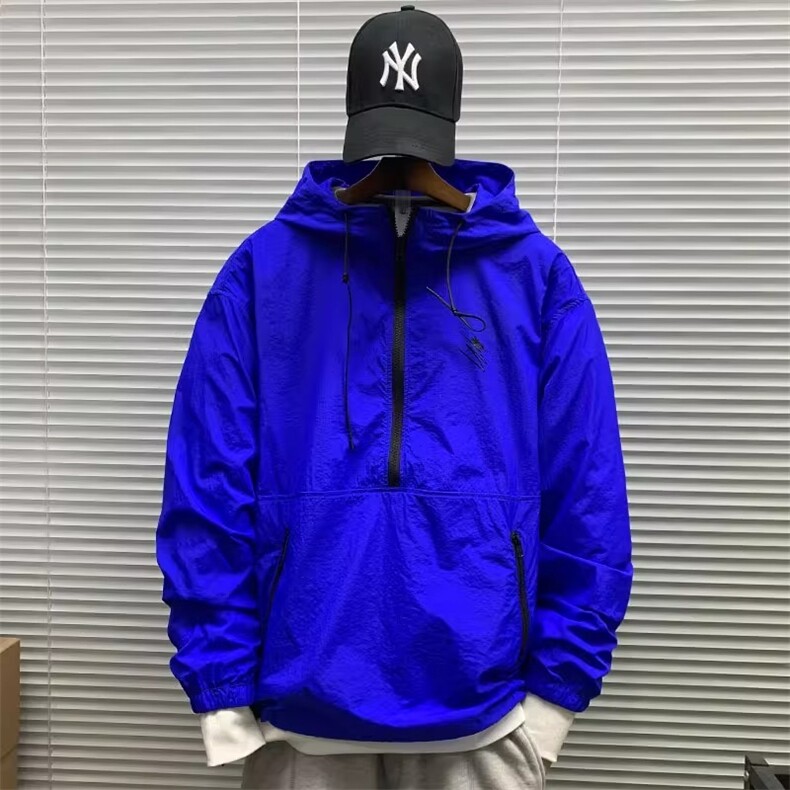 春夏新款连帽套头半拉链防晒服简约工装夹克男薄款宽松街头外套潮图片