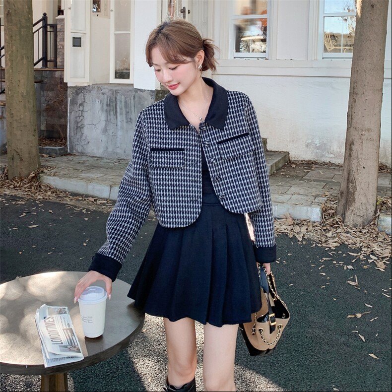 双面呢羊毛格纹上衣百褶裙套装女秋冬小个子大方得体巨好看两件套,女装羊绒大衣,2C316