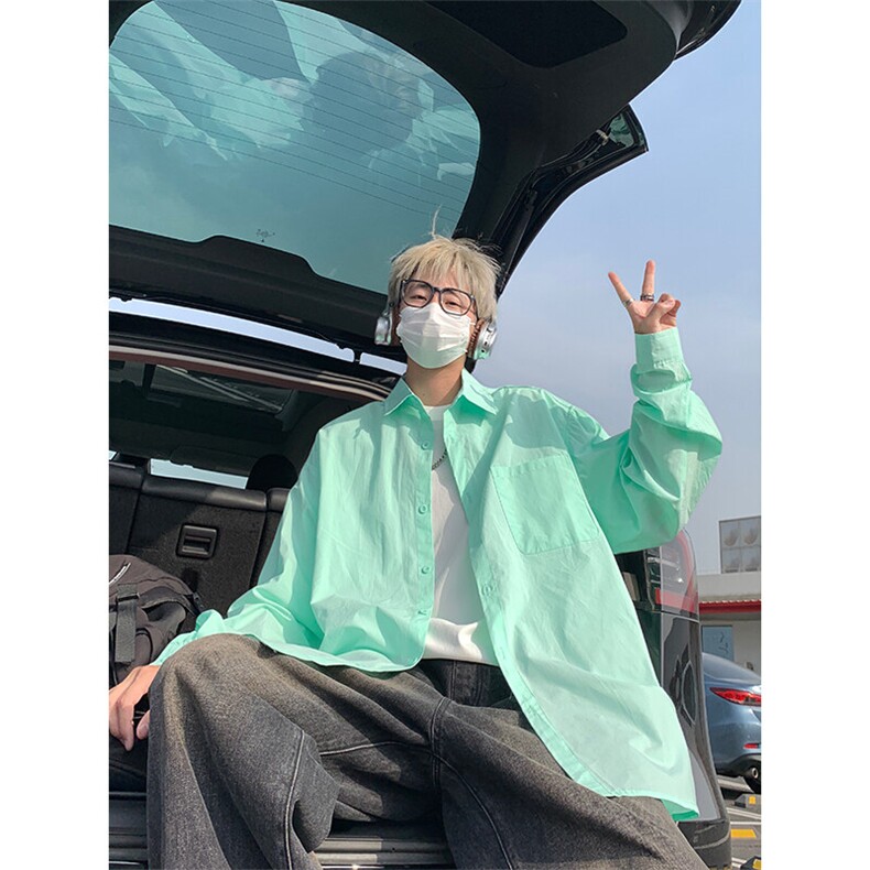 夏季薄荷曼波绿色慵懒风衬衫男薄款防晒长袖衬衣外套C2242-特价46，男装衬衫，电商A007