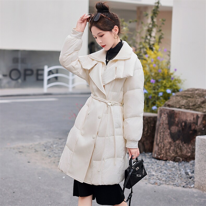 羽绒服女中长款过膝2024年新款冬季宽松收腰系腰带显瘦90白鸭绒,女装羽绒服,韩宇舍