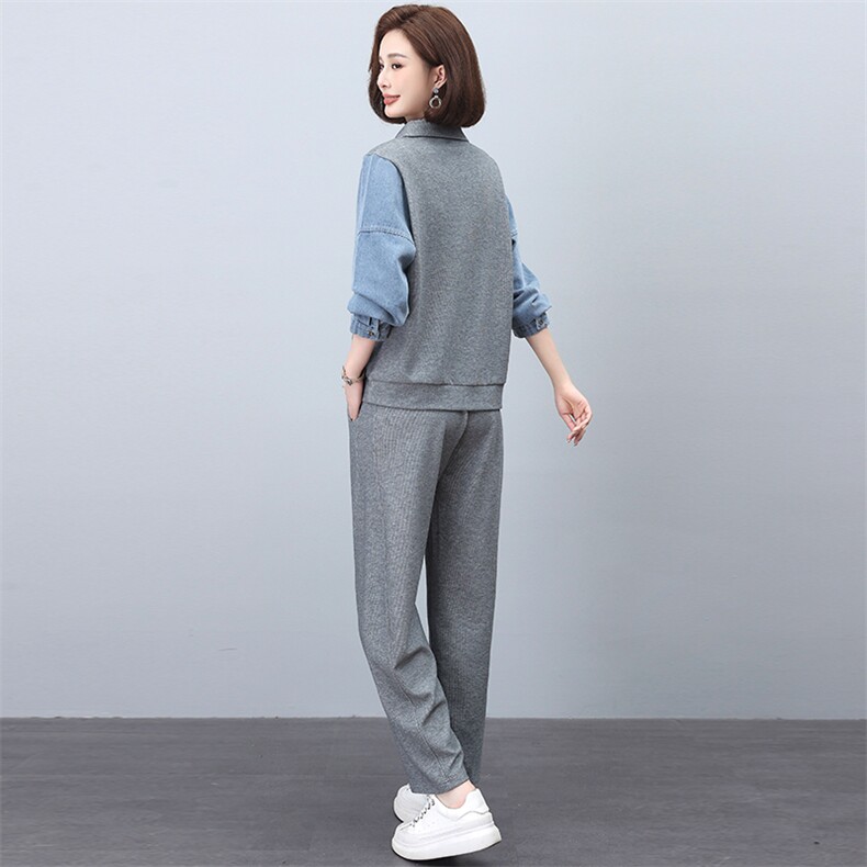 卫衣套装女款20245春秋新款休闲牛仔拼接翻领两件套,女装套装/套裙,忆绮罗