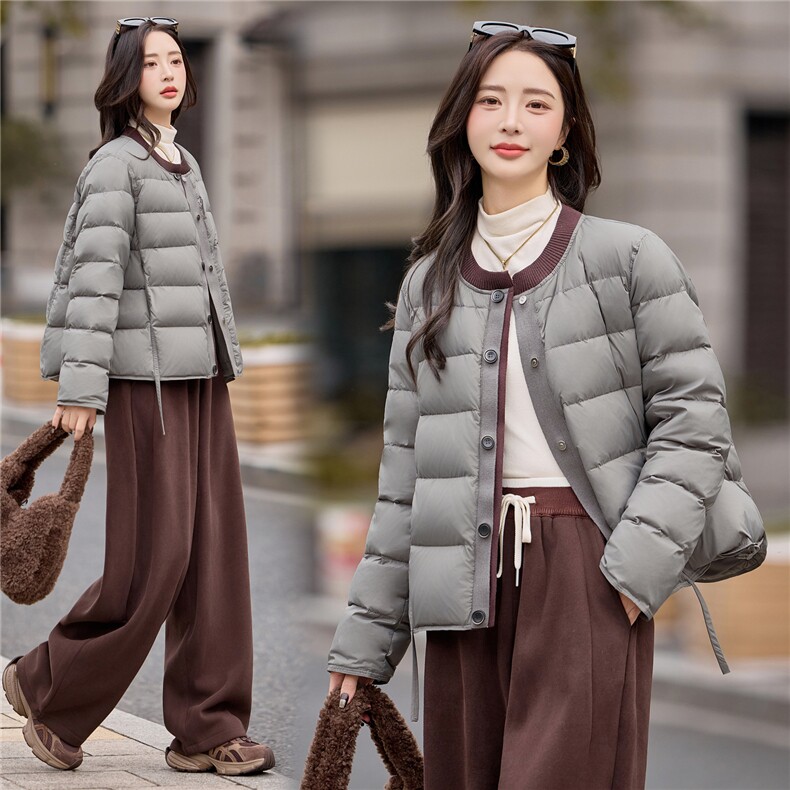 2025冬季新款宽松撞色针织拼接圆领洋气短款羽绒服，女装羽绒服，深水步