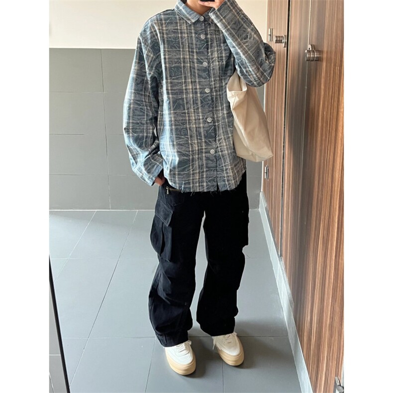格子衬衫男长袖水洗树纹宽松休闲上衣美式复古衬衣潮CS691-P50,男装衬衫,星座1007（原301D）