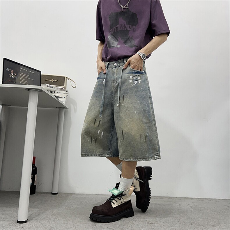 美式复古阔腿五分牛仔短裤男女夏季宽松休闲直筒中裤D07888-P48,男装牛仔裤,星座308B-1