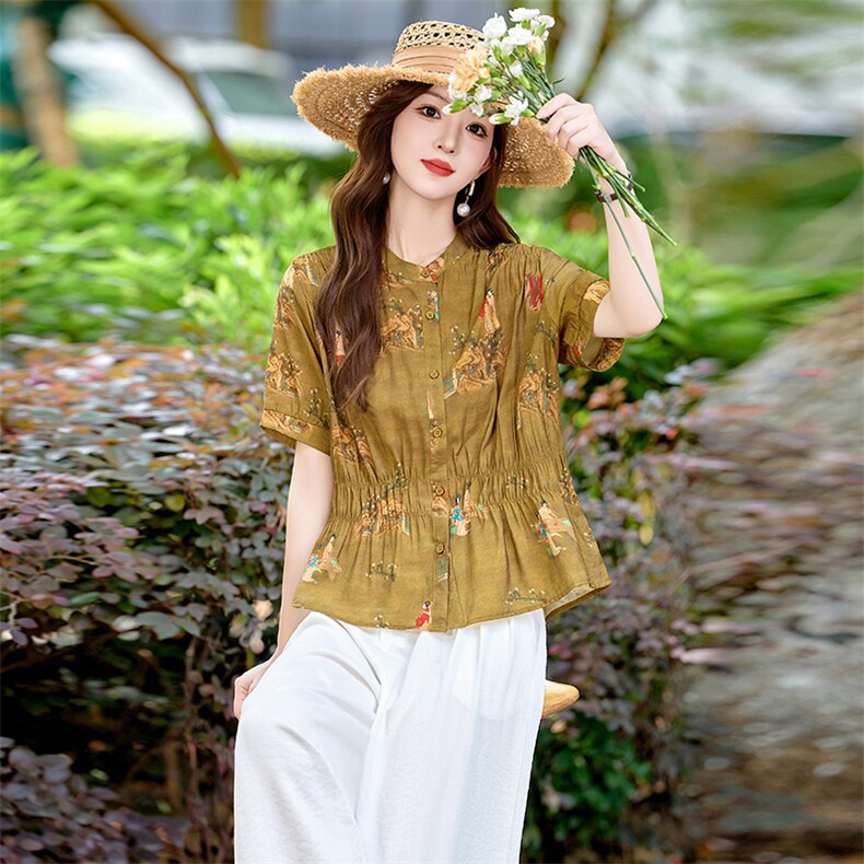 时尚休闲棉麻套装女2025夏新款复古印花褶皱收腰衬衫阔腿裤两件套,女装套装/套裙,恋慕依尚