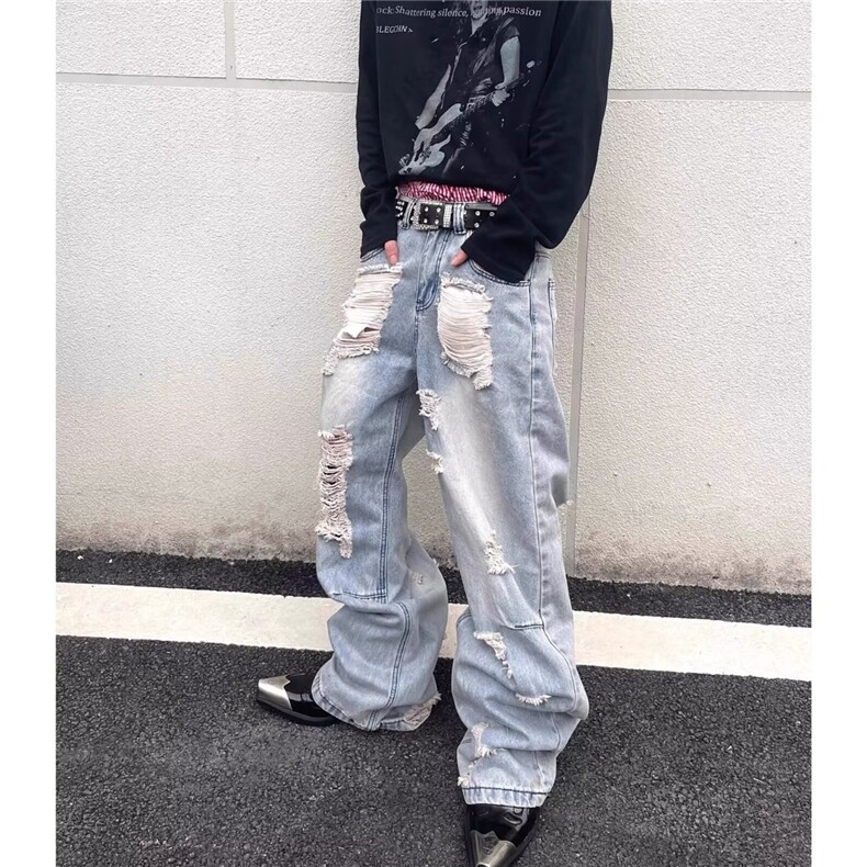 破洞牛仔裤乞丐裤春秋季宽松显瘦直筒低腰水洗做旧阔腿长裤,男装牛仔裤,星座506A