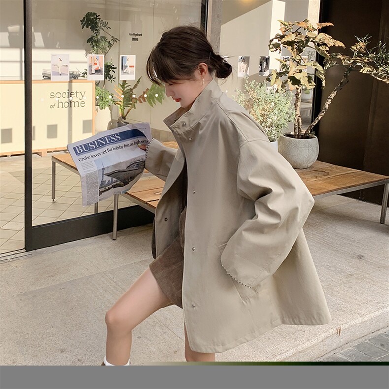 新款现货主推袖口拼风衣外套9879-P155-K218，女装风衣，2C129