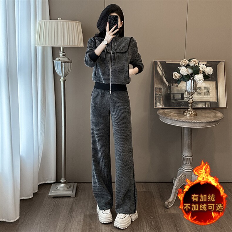 女秋冬加绒拼接短款外套直筒裤两件套,女装套装/套裙,江南