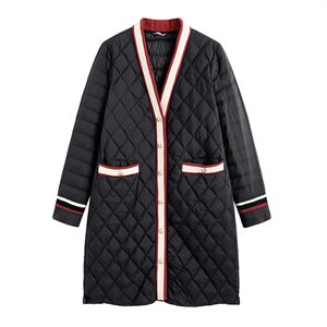 羽绒服白鸭绒90绒小香风纯色长袖中长款口袋排扣修身拼接图片