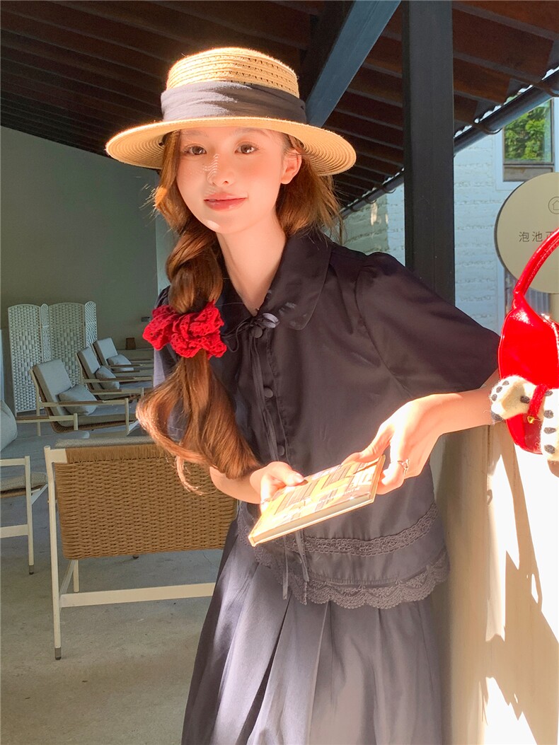 蕾丝拼接娃娃领系带上衣松紧腰半裙学院风套装女,女装套装/套裙,水衣源