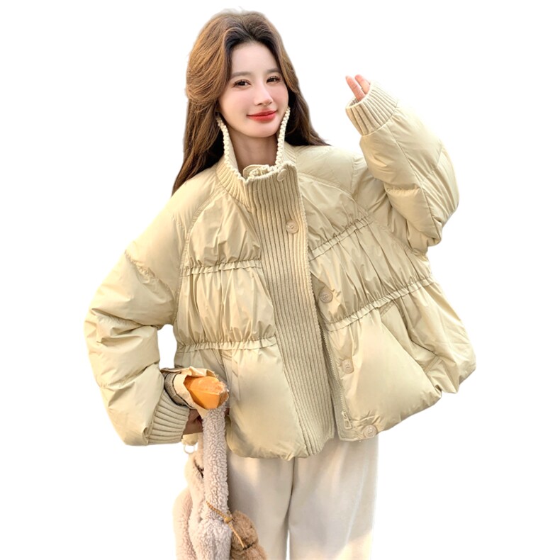 针织拼接杏色泡芙羽绒服女冬2025年超火好看高级小众短款加厚外套,女装羽绒服,2C093