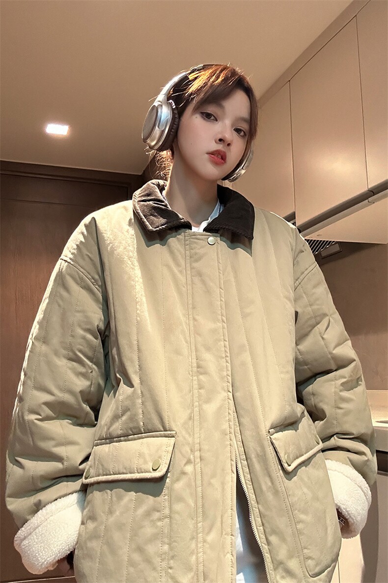 中性风撞色灯芯绒拼接领棉衣外套女宽松羊羔绒加厚棉服G1070P128,男装棉衣,电商A339
