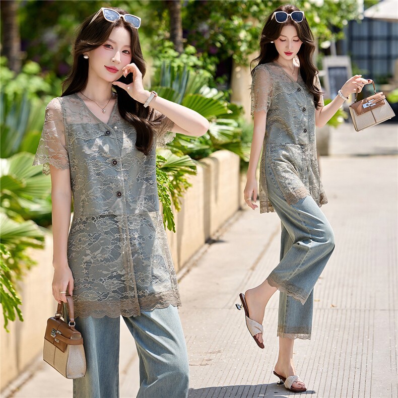 衫蕾丝拼接牛仔2件套女2026夏新显瘦蕾丝牛仔衬衫阔腿裤时尚套装，女装套装/套裙，意芙