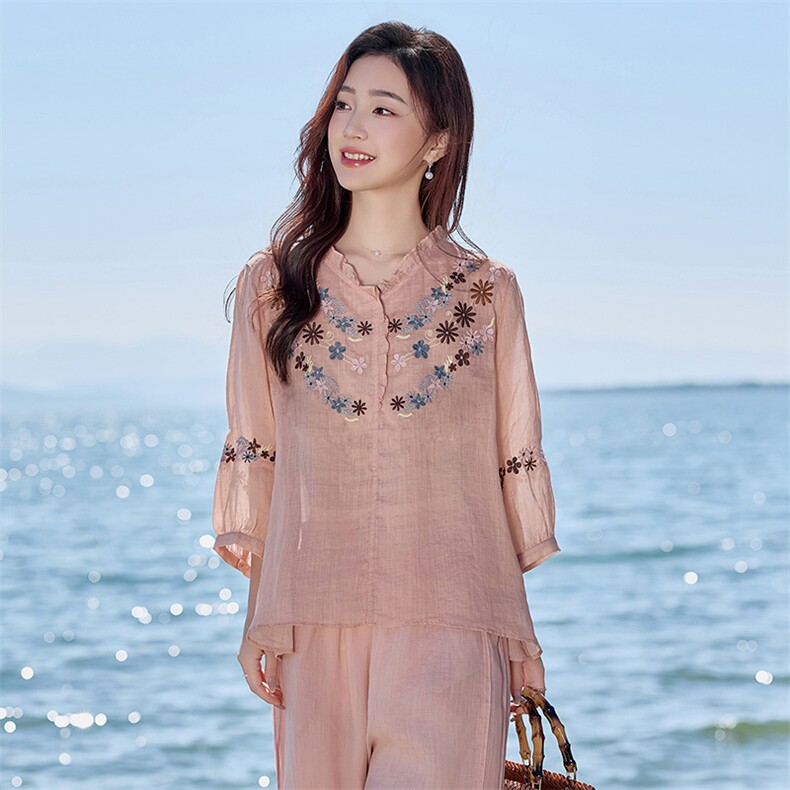 2026年春季女短袖宽松亲肤透气薄常规苎麻，女装衬衫，江南依恋