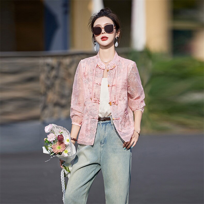 新中式国风刺绣欧根纱薄外套女2025春夏新款气质百搭防晒开衫上衣,女装防晒衣,艾仟回(原伊仟回)