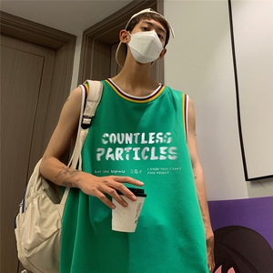 港风 纯棉夏季休闲拼色螺纹印花网眼篮球背心男女 T6929 P35控48图片