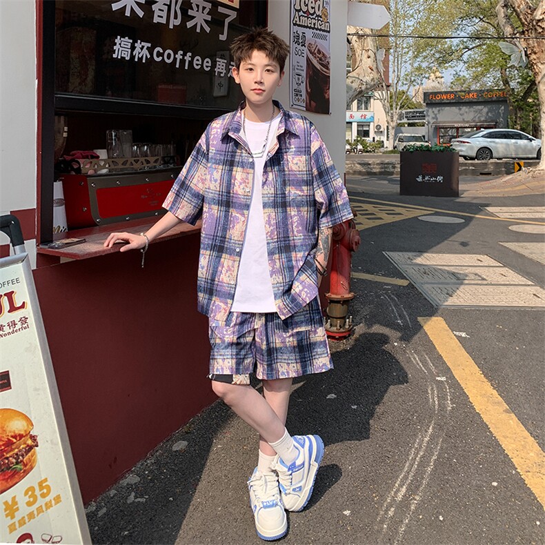 2025美式扎染印花冰丝凉感格子短袖衬衫薄套装TZ5600/特P45紫5,男装T恤,电商A094