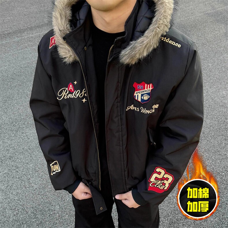现货高品质美式高街重磅刺绣座山雕大毛毛领棉衣男女加厚棉服外套，男装棉衣，电商A443