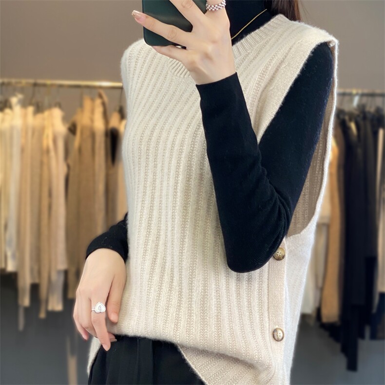 秋冬新款100%羊毛马甲女系扣开叉无袖背心针织毛衣宽松羊绒衫坎肩,女装羊毛衫,迅太羊绒
