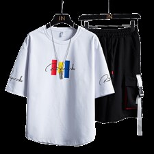 夏季潮男短袖T恤套装男宽松工装裤青少年两件套F179P70，男装休闲套装，电商A086