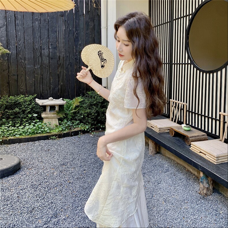 轻国风新中式禅意温柔假两件连衣裙女夏不规则设计感刺绣改良长裙,女装连衣裙,2C129