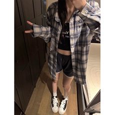 春秋夏新款美式复古街头格子衬衣宽松字母印花长袖衬衫外套，男装衬衫，星座506A