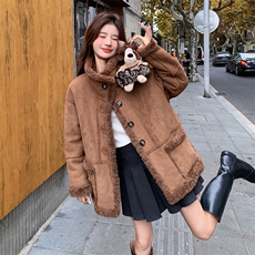 两面穿环保麂皮皮毛一体外套女秋冬独特超好看加绒加厚羊羔毛大衣，女装毛呢外套，2C122