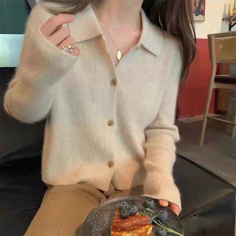 秋冬新款纯色翻领针织单排扣开衫时尚百搭，女装针织衫/毛衣，冀清阳荣