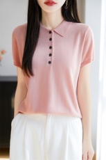 冰丝针织POLO领短袖T恤女2025夏轻薄凉感气质翻领正肩上衣t恤小衫，女装T恤，暖烁羊绒