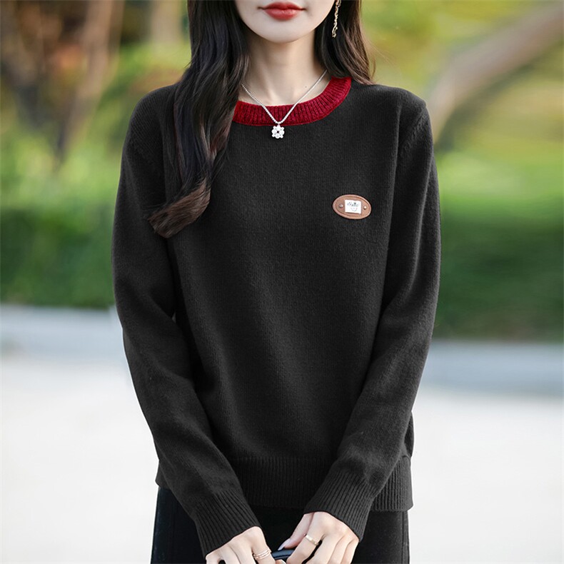 断码清仓新女圆领拼色刺绣加厚针织羊毛衫宽松打底衫,针织衫/毛衣,佳绒包芯纱店