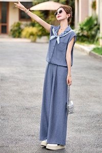 韩版简约气质翻领短袖上衣阔腿裤两件套女2025夏新款休闲时尚套装图片